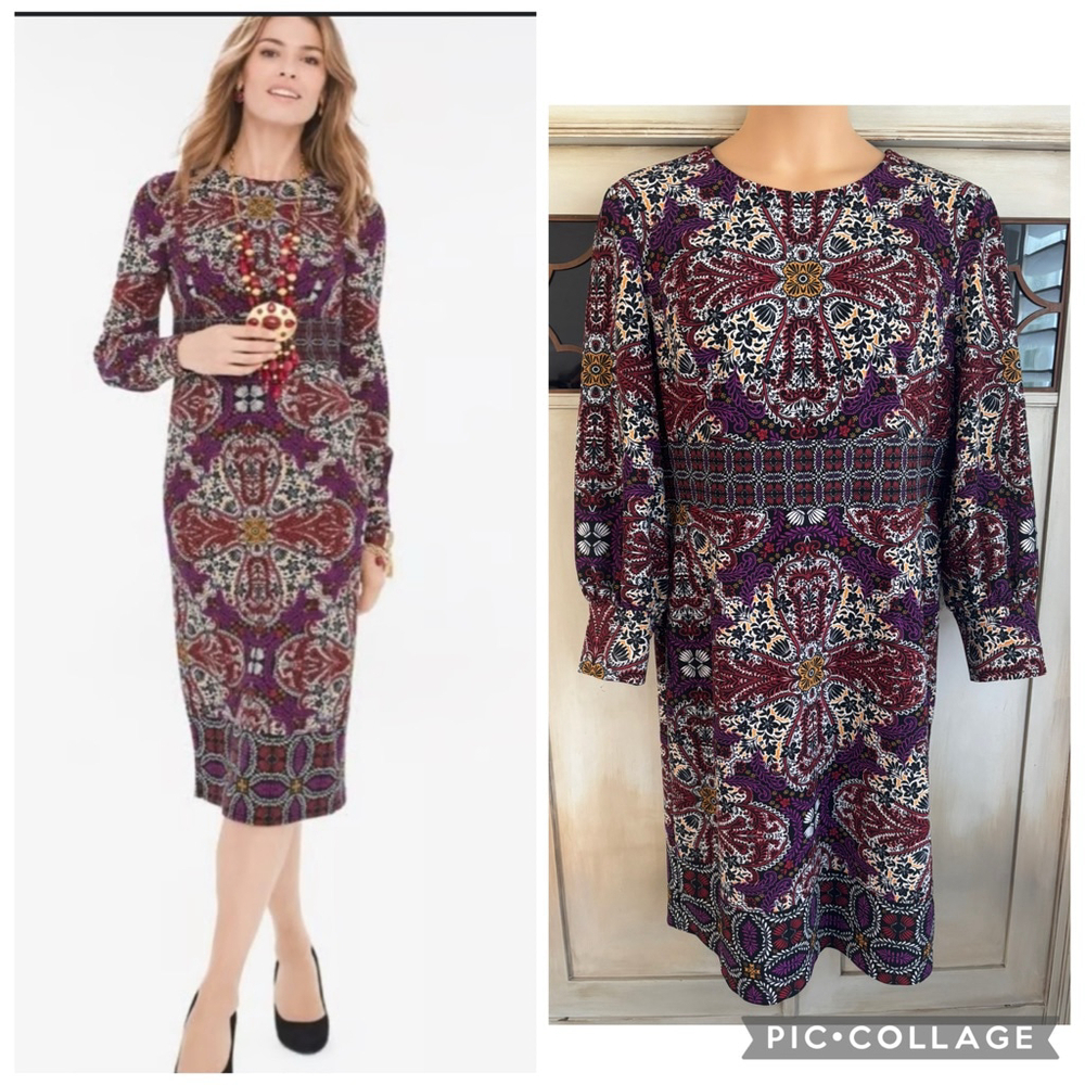 EUC Chico’s Size 3 US 16-18 Sheath Medallion Print Long Sleeve Balloon Dress